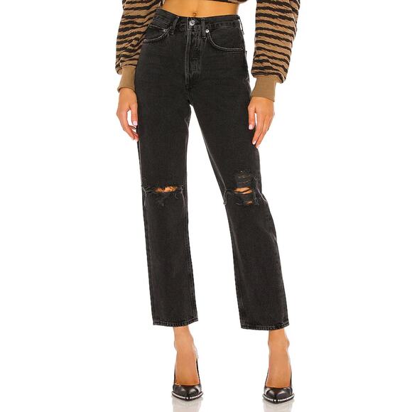 NEW AGOLDE 90s Mid Rise Loose Fit Jean Smokestack Distressed Black - Picture 1 of 12